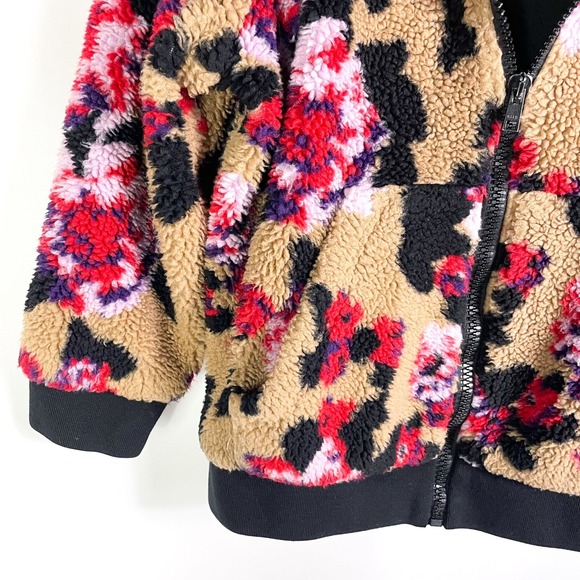 MSGM Giubbino Fleece Jacket Tan Red Floral Sherpa Zip Up Hooded Sz 38 / 4 US